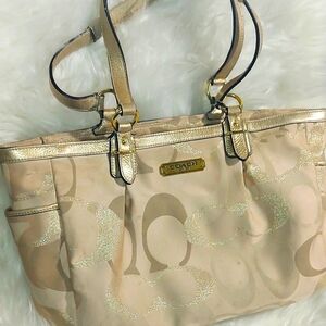 Coach Signature Beige Canvas Gold Leather Trim Zipper Closure Tote Shoulder Bag